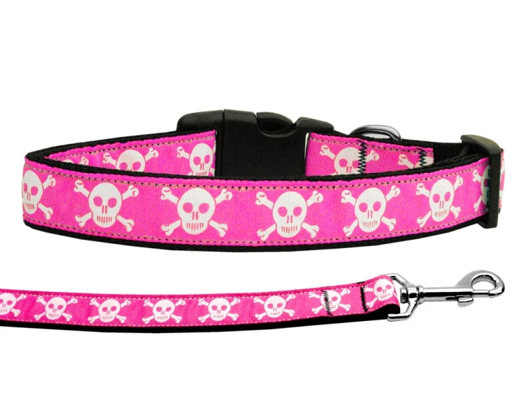 Pet Dog & Cat Nylon Collar or Leash, Pink Skulls