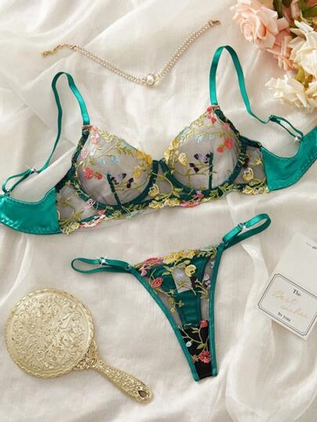 2pcs/Set Women Green Floral Embroidery Mesh Sexy Lingerie Set Includes Sensual Thong, Intimate Gift For Valentine, Honeymoon Ultrathin Bra