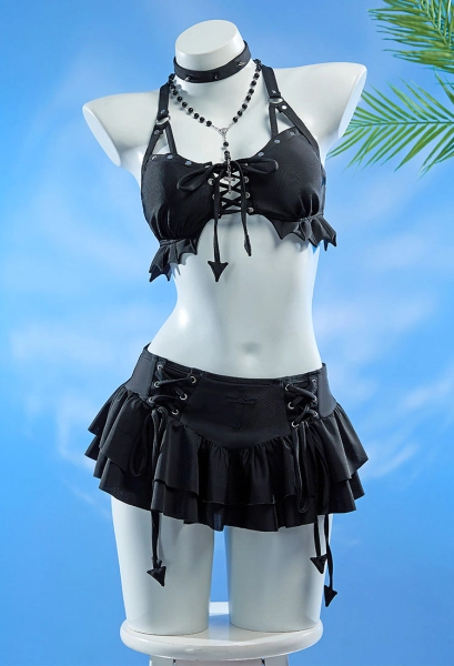 Misa Derivative Two-Piece Swimsuit Bikini Set Cross Lace-up Halter Top Skirt Bathing Suit with Cross Necklace Choker