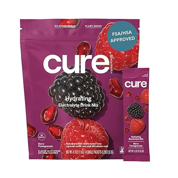 Cure Hydrating Plant Based Electrolyte Mix | Powder for Dehydration Relief | Made with Coconut Water | Non-GMO | No Added Sugar | FSA & HSA | Vegan | Pouch of 14 Packets - Berry Pomegranate