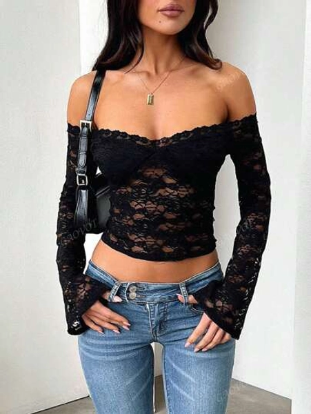 Y2K Women Sexy Fitted Off Shoulder Long Sleeve Lace Blouse