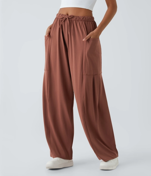 Mid Rise Elastic Waistband Drawstring Pocket Palazzo Flowy Wide Leg Casual Pants