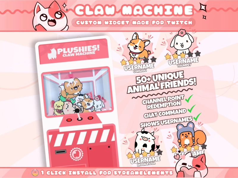 Animal Plushies Claw Machine Widget for Twitch Streamers | Chat Command | Resizeable | Animated Game | Sound | Streamelements 1 Click Setup