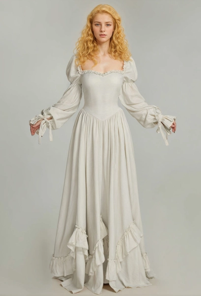 Medieval Renaissance Dress Princess Style White Long Sleeve Off Shoulder Dress with Ruffle Hem