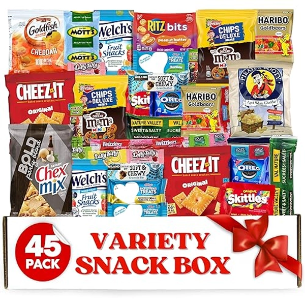 Snack Box (45 Pieces) Gift Care Package Basket for Adults Kids Office College - Perfect for Birthdays Holidays - Packed in a Beautiful Gift Box