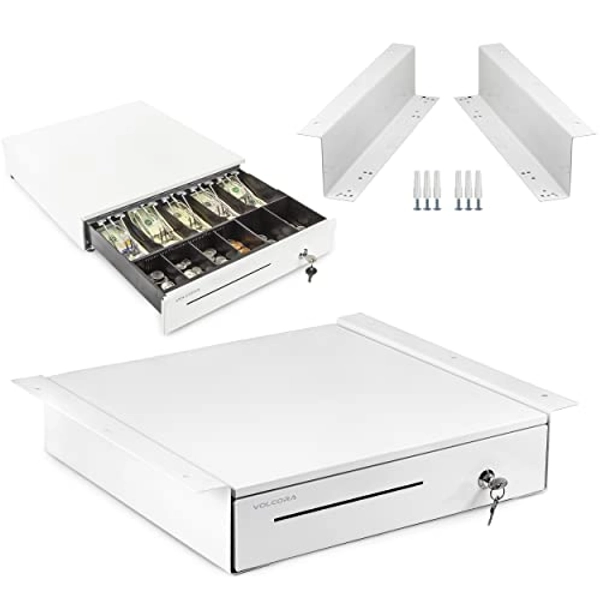 Volcora Cash Register Drawer with Under Counter Mounting Bracket - 16" White Drawer for POS, 5 Bill 6 Coin Cash Tray, Removable Coin Compartment, 24V RJ11/RJ12 Key-Lock, Media Slot - for Business
