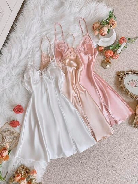 SilkySpell 3pcs Women Embroidered Lace Sexy Nightgown Set