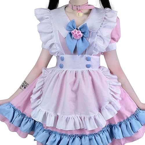 Mukola Anime Cute Maid Outfit for Girls Women Lace Trim Apron Cat Paw Lolita Dresses Cosplay Full Set - X-Large