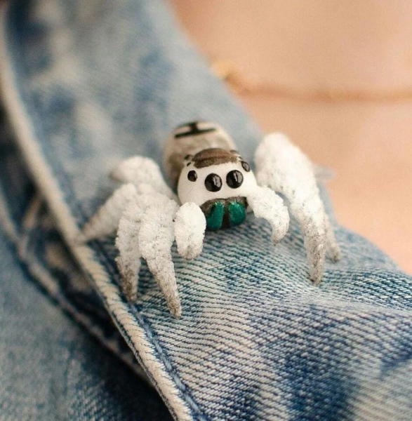 Cute spider pin, jumping spider brooch, realistic figurine, miniature poseable ornament, creepy gift, cute kawaii monster, made to order