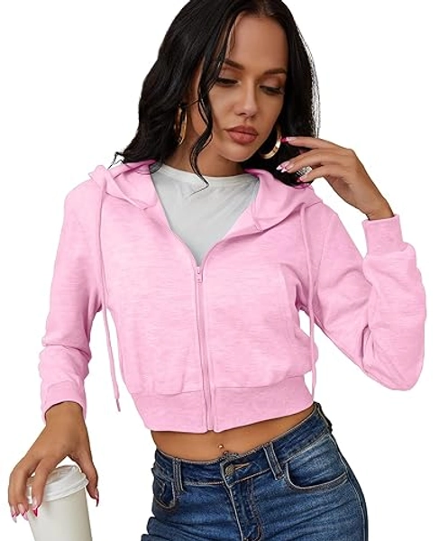 Women's Zip Up Hoodies Cropped Cardigan Jacket Drawstring Hooded Sweatshirts Casual Long Sleeve Top…