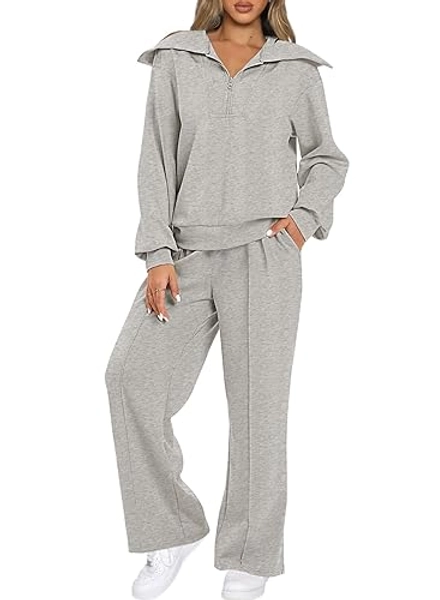 Aleumdr Two Piece Outfits Half Zip Sweatshirt Sweatsuit Lounge Sets for Women Matching Set Wide Leg Sweatpant Tracksuit