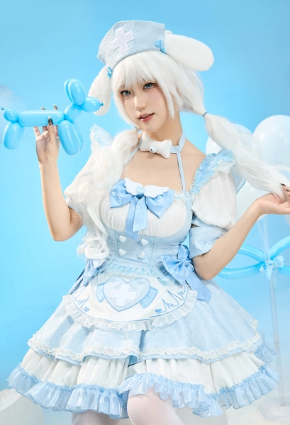 Anime Doll Derivative Kawaii Nurse Lolita Set Halloween Costume Top and Skirt with Apron and Hat
