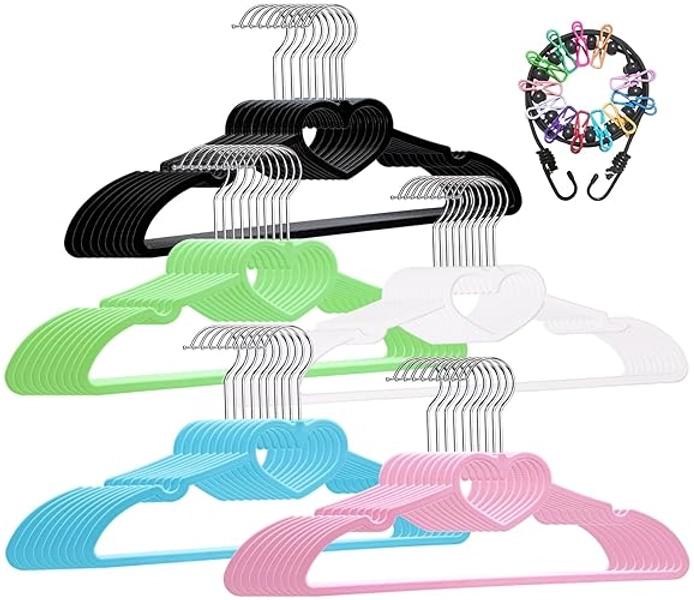 ZRKFSR Plastic Hangers 50 Pack, Heart-Shaped Clothes Hanger Ultra Thin Space Saving-colorful Hangers with 360 Degree Swivel Hook & Travel Clothesline-Sturdy Adult Coat Hangers for Dress, Shirts, Coats