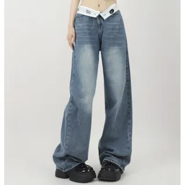 Low Waist Lettering Washed Wide Leg Jeans