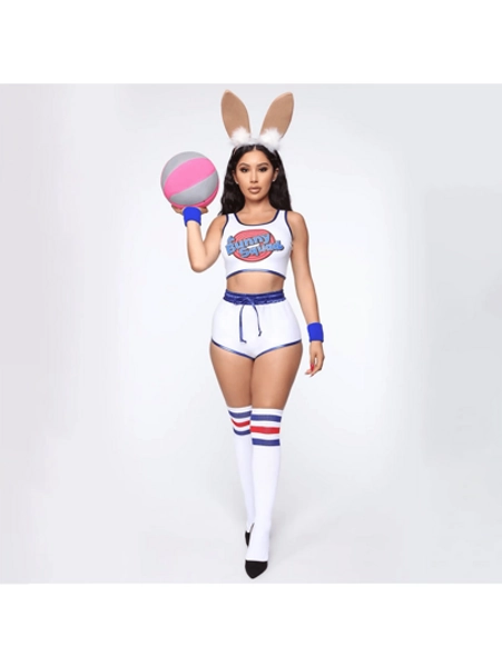 2pcs Women Halloween Vest & Shorts Set, European American Style Cheerleader Uniform Activewear