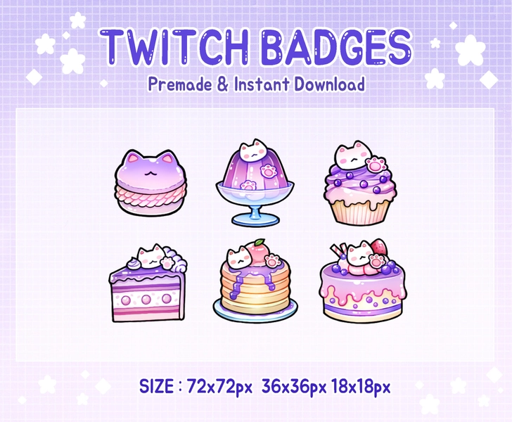 Cute purple cat cake twitch badges.