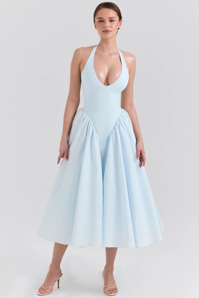 Marilyn Soft Blue Cotton Twill Halter Midi Sundress