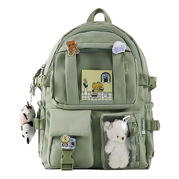 AoMoon Kawaii Backpack Lovely Pastel Rucksack for Teen Girls Aesthetic Student Bookbags with Kawaii Pin and Cute Accessories (Green-C)