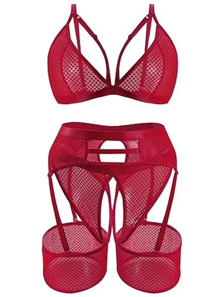 popiv 4 Piece Garter Lingerie for Women, Sexy Cutout Lingerie, Mesh Matching Lingerie Set