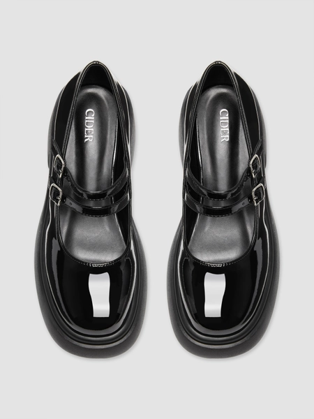 Glossy Chunky Heeled Double Strap Mary Jane Shoes