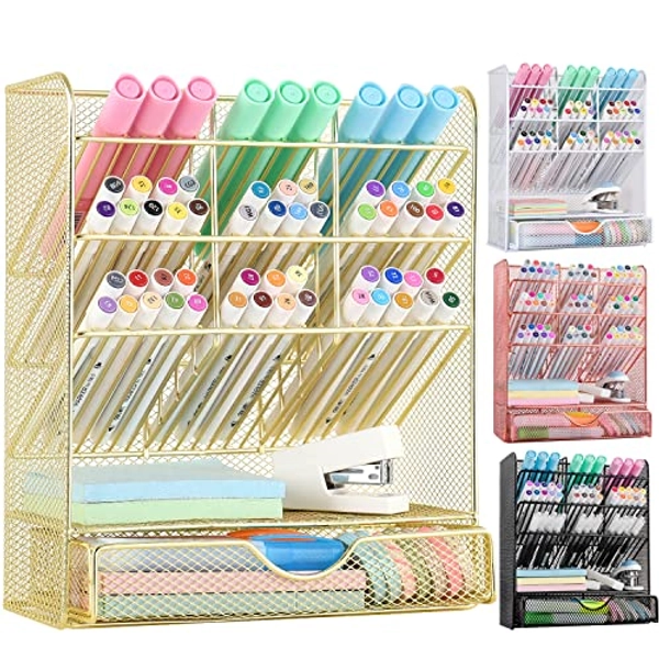 Spacrea Mesh Pen Organizer - Pencil Holder for Desk, Desk Organizer with Drawer for School, Home, Art Supplies (Gold)