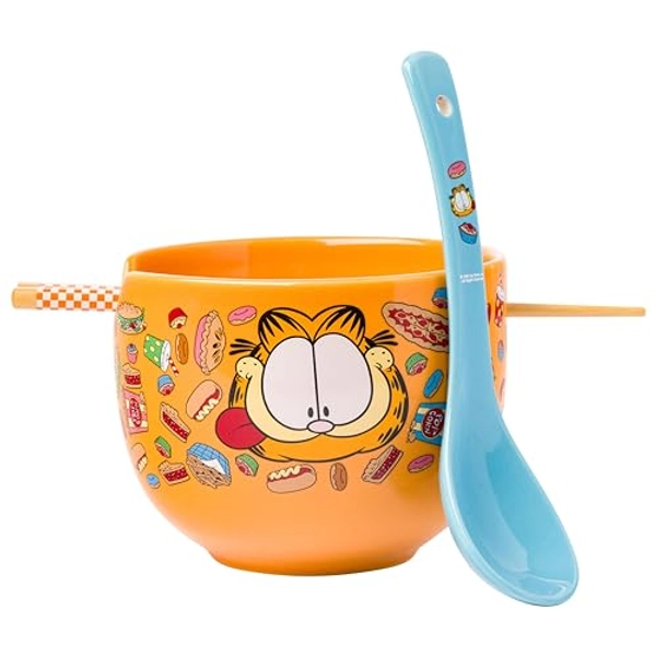 Garfield Hungry Junk Food Ceramic Ramen Noodle Rice Bowl with Chopsticks and Spoon, Microwave Safe, 20 Ounces
