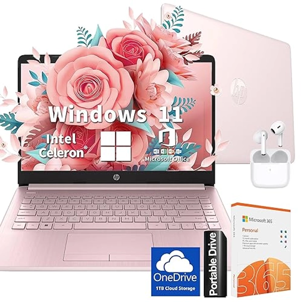 HP Ultralight 14 inch Laptop with Intel 4-Core Processor • with Microsoft 365 and Wireless Earbuds • 16GB RAM • 512GB External & 64GB Onboard & 1TB Cloud Storage • HD Display • Pink • Windows 11