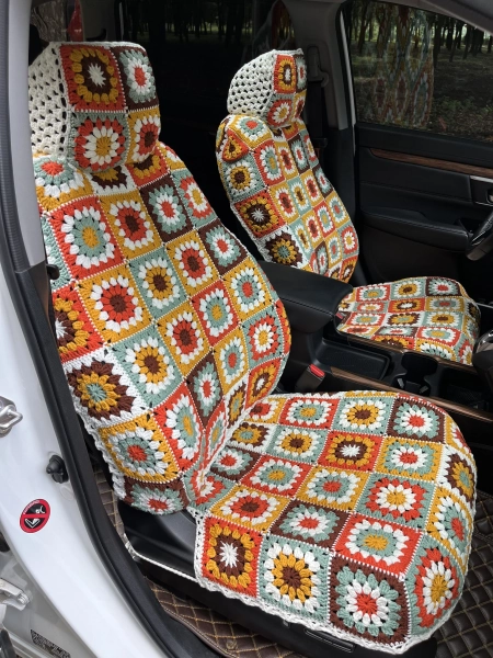 Car Seat Cover,Crochet Seat covers,Rainbow Granny Square Steering Wheel Cover Seat cover Headrest Covers Car Accessories,Car Interior Design