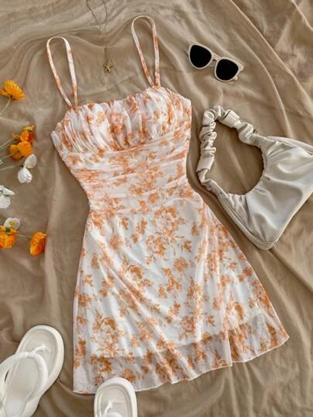 Soleia Women's Summer Floral Print Mesh Strap Vacation Mini Dress,Vacation Outfits Women,Pastel Dresses For Women