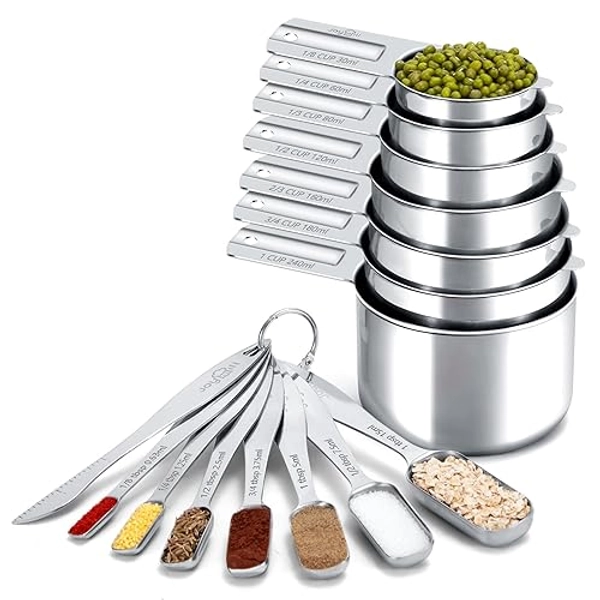 Joyhill Measuring Cups and Spoons Set of 15 Piece, Metal Stainless Steel Measuring Cups and Spoons Set for Baking Cooking, Dry and Liquid Ingredients