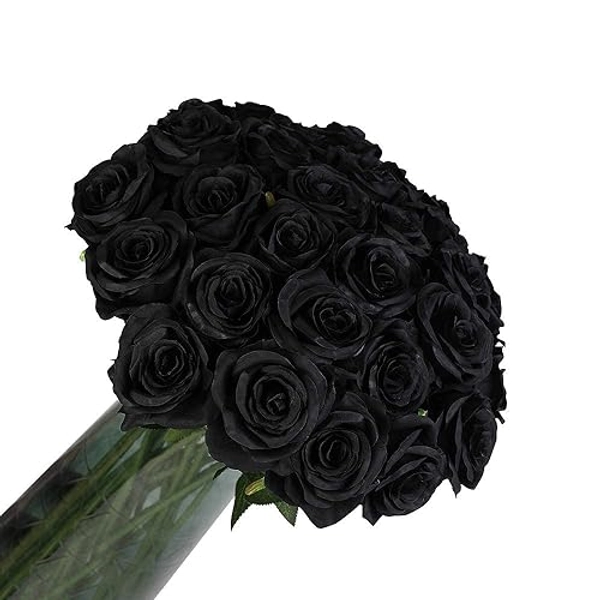 Laelfe 12 PCS Artificial Flowers Black Roses, Fake Silk Flower Long Stem Artificial Black Rose for Halloween Home Wedding Party Decorations(Black)