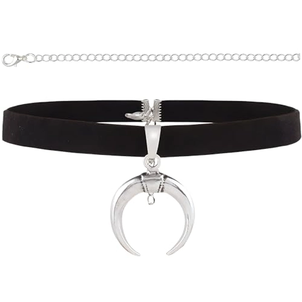 STACKABLE CREATIONS Black Suede Leather Choker Necklace with Silver Crescent Moon Pendant for Women Men