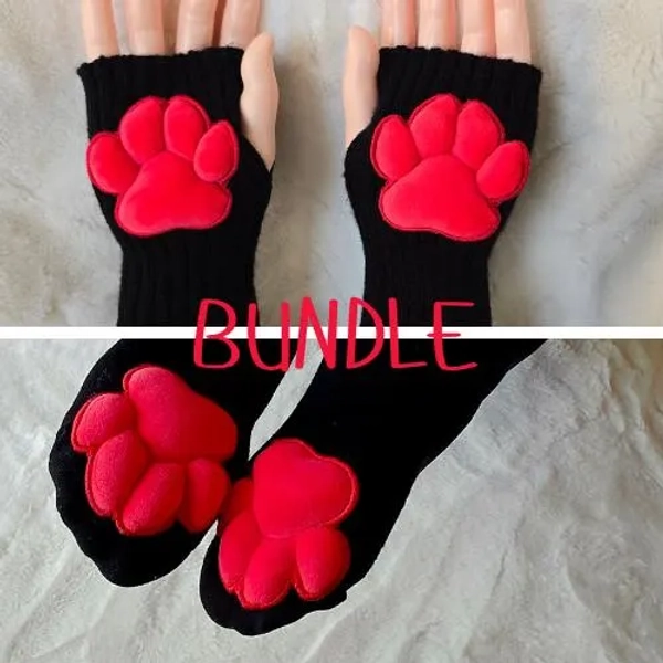 Paw Pad Socks and Gloves Bundle Black with Red Plush Paws