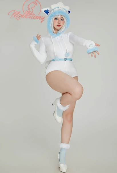 PM Derivative Fluffy Bodycon Romper Sexy Lingerie White Blue Furry Hooded Bodysuit with Tail Belt and Socks