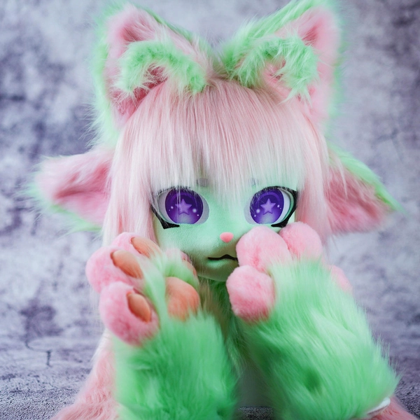 Halloween limited green cat kigurumi mask Furry mask with matching paws,Anthrocon accessory,Handmade kig fursuit mask,kigurumi styled furry