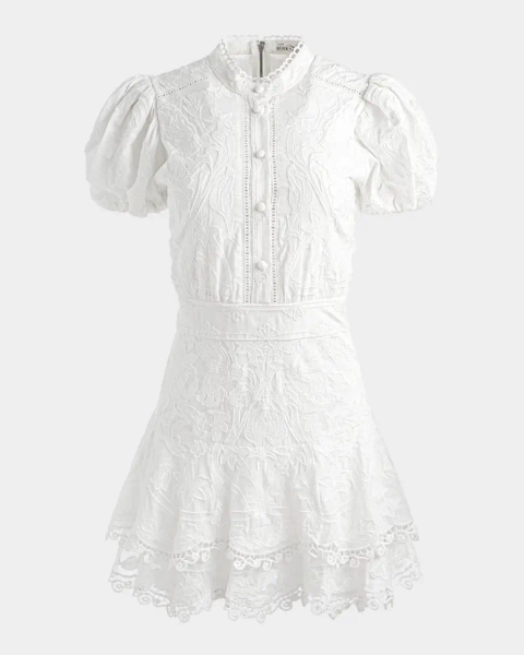 Loryn Embroidered Puff-Sleeve Shirtdress