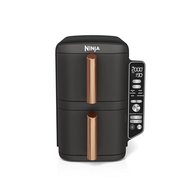 Ninja Double Stack XL Air Fryer, Vertical Dual Drawer Air Fryer with 4 cooking levels, 2 Drawers & 2 Racks, Space Saving Design, 9.5L Capacity, 6 Functions, 8 Portions, Tongs, Black/Copper SL400UKCP