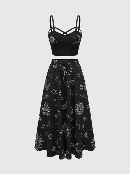 ROMWE Goth Conjunto de colete e saia em estilo gótico de cruz para mulheres, ideal para férias