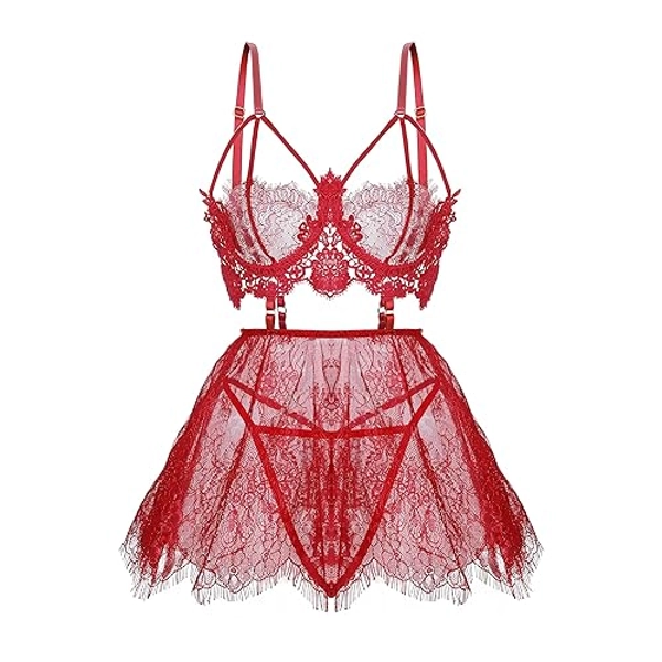 SPORCLO Plus Size Lingerie for Women Lace Black Babydoll Sexy Mesh High Waisted Nightdress Strappy Exotic Sleepwear