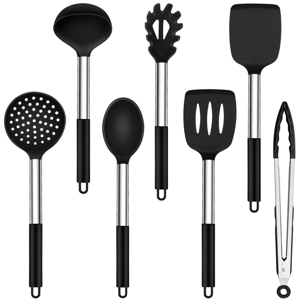 Onader Keukenhulpset, 7 stuks siliconen keukengerei, kookbestekset, set met roestvrijstalen handgreep, anti-aanbaklaag, veilig voor kookgerei, hittebestendig en vaatwasmachinebestendig, zwart