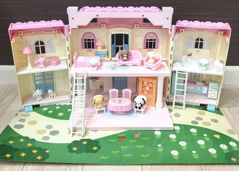 Sanrio Sugarbunnies Dollhouse Toy house Blue Roof Door Rare Doll house 8 mascots