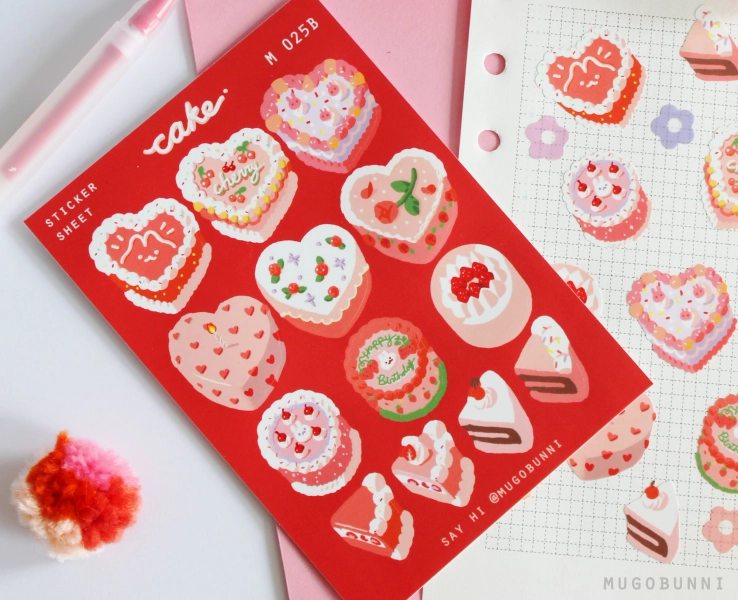 Cute vinyl Vintage Valentines heart love Cake Red Sticker Sheet for Planners and Journaling
