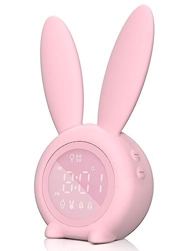 Kids Alarm Clock - Digital Wake Up Clock, Dimmable Ambient Lighting, Cute Rabbit Design, 5 Ringtones - Rechargeable, Perfect for Bedrooms - 3𝒓𝒅 𝑮𝒆𝒏𝒆𝒓𝒂𝒕𝒊𝒐𝒏 - Pink