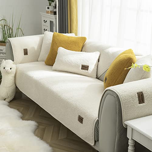 vctops Sherpa Fleece Sofa Couch Covers Super Soft Warm Plush Sectional Couch Cover Luxury Fuzzy Furry Non Slip Sofa Slipcover Furniture Protector (White,28"x82") - 1pc/28"x82"/Rectangular - White
