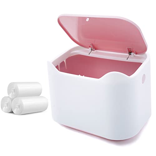 Business King Mini Desk Trash Can with Lid with Trash Bag 90pcs 2.5 L/0.7 Gallon Pink Plastic Countertop Garbage Bin with Removable Inner Tiny Waste Basket for Office Dresser Bedroom - Pink+trash bag