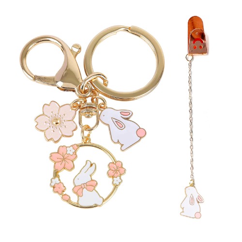 Cute Bunny Keychain and Metal Rabbit Bookmark,Kawaii Keychain with Rabbit and Cherry Blossom,Bunny Charm for Backpack/Keychain/Wallet/Purse