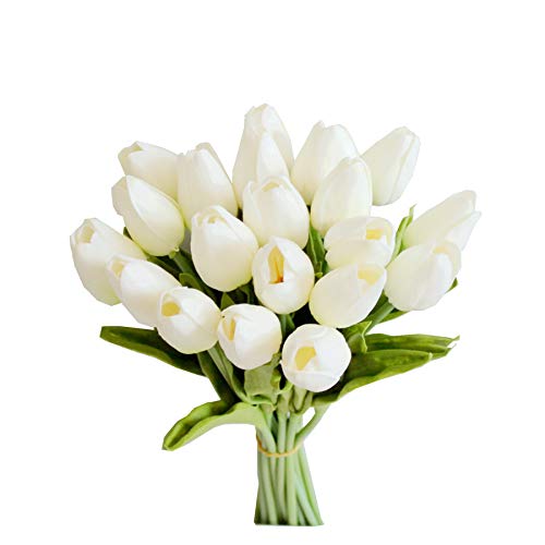 Mandy's 20pcs White Flowers Artificial Tulip Silk Fake Flowers 13.5" for Mother's Day Easter Valentine’s Day Gifts in Bulk Home Kitchen Wedding Decorations - White