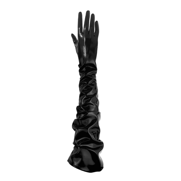 Latex Handmade Evening Length Ruched Gloves in supatex black