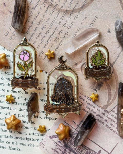 DOMED GLASS SPECIMENS enamel pins set. Hard enamel pin. witchy pin. Smoky quartz. Artemisia leaf. Peony flower. Cabinet of curiosities.