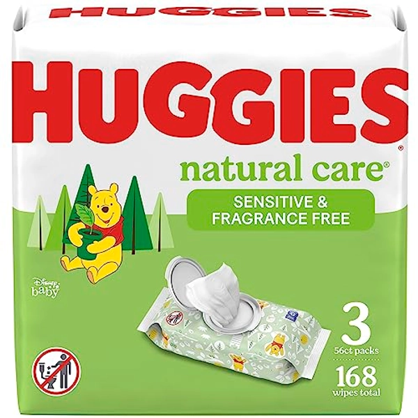 Sensitive Baby Wipes, Huggies Natural Care Baby Diaper Wipes, Unscented, Hypoallergenic, 99% Purified Water, 3 Flip-Top Packs (168 Wipes Total)